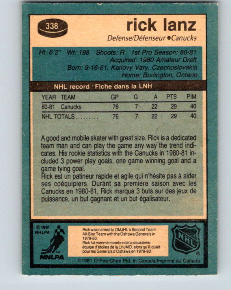 1981-82 O-Pee-Chee #338 Rick Lanz UER RC Rookie Canucks V31889