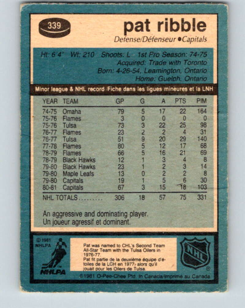 1981-82 O-Pee-Chee #339 Pat Ribble Washington Capitals V31893