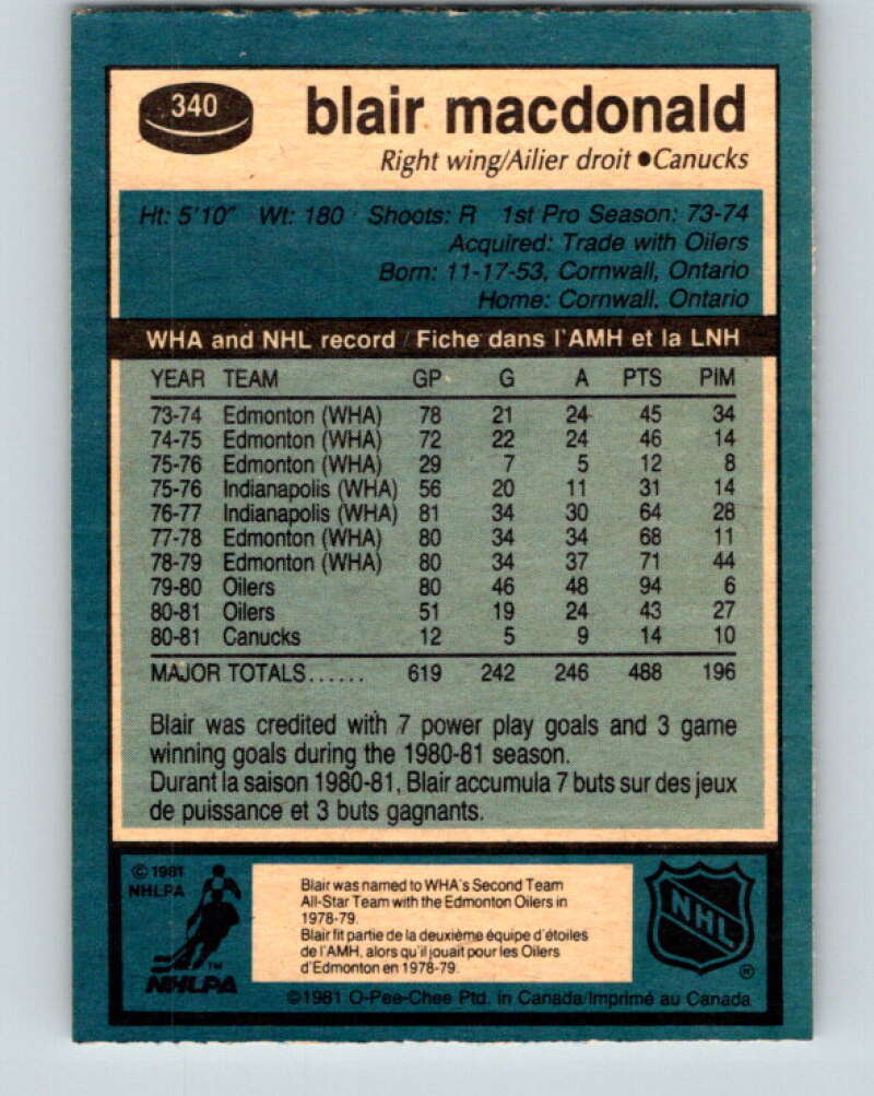 1981-82 O-Pee-Chee #340 Blair MacDonald Vancouver Canucks V31896