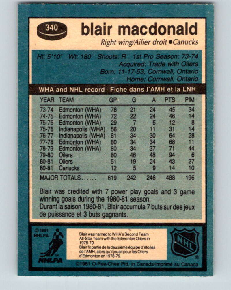 1981-82 O-Pee-Chee #340 Blair MacDonald Vancouver Canucks V31898