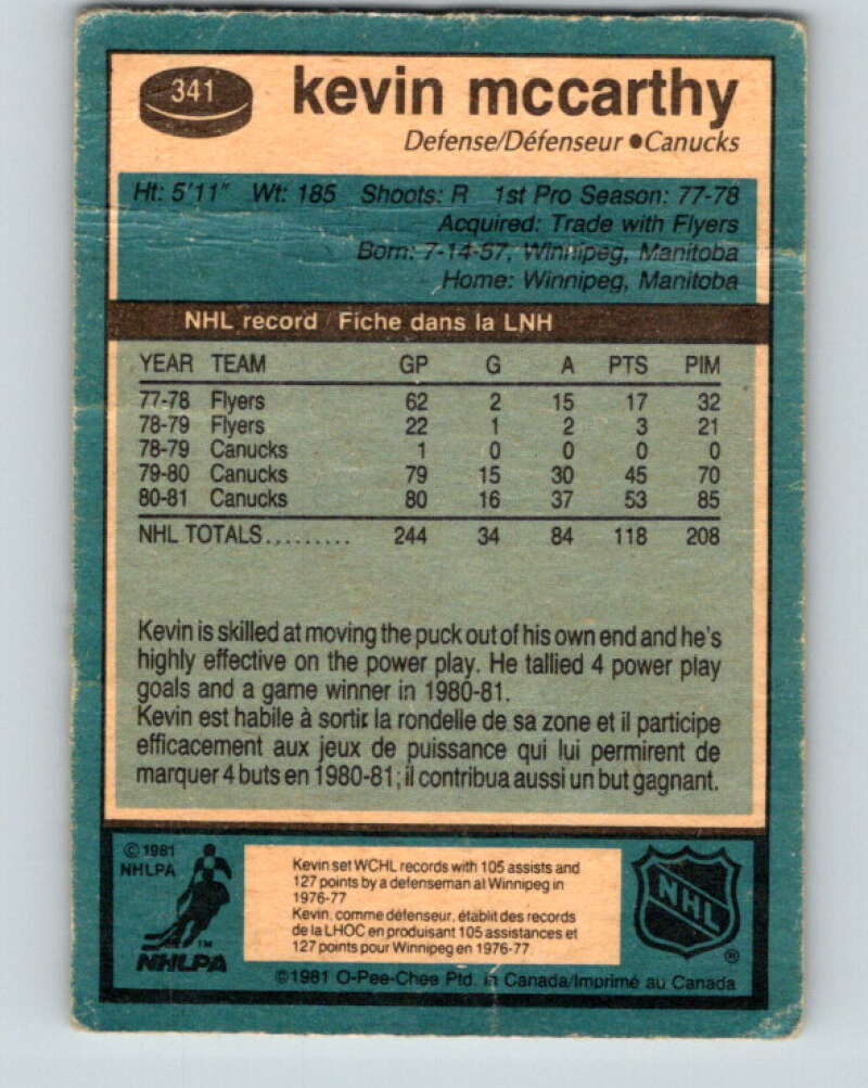 1981-82 O-Pee-Chee #341 Kevin McCarthy Vancouver Canucks V31902