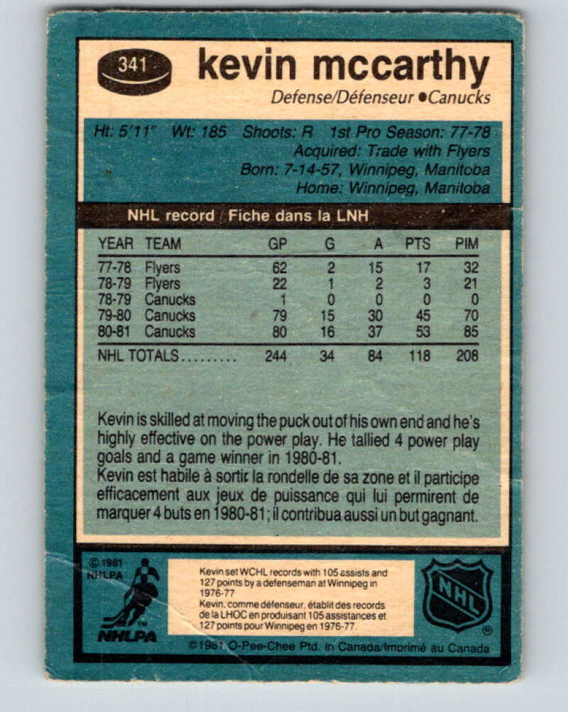 1981-82 O-Pee-Chee #341 Kevin McCarthy Vancouver Canucks V31904