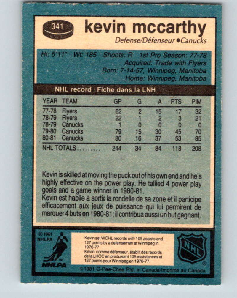 1981-82 O-Pee-Chee #341 Kevin McCarthy Vancouver Canucks V31905