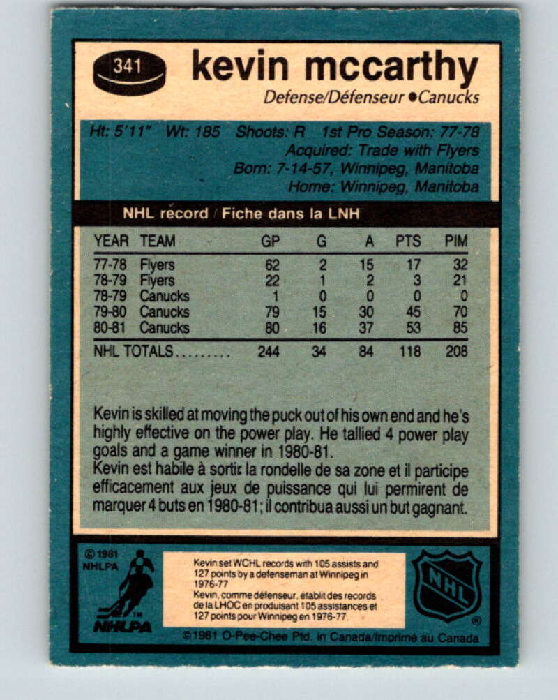 1981-82 O-Pee-Chee #341 Kevin McCarthy Vancouver Canucks V31907