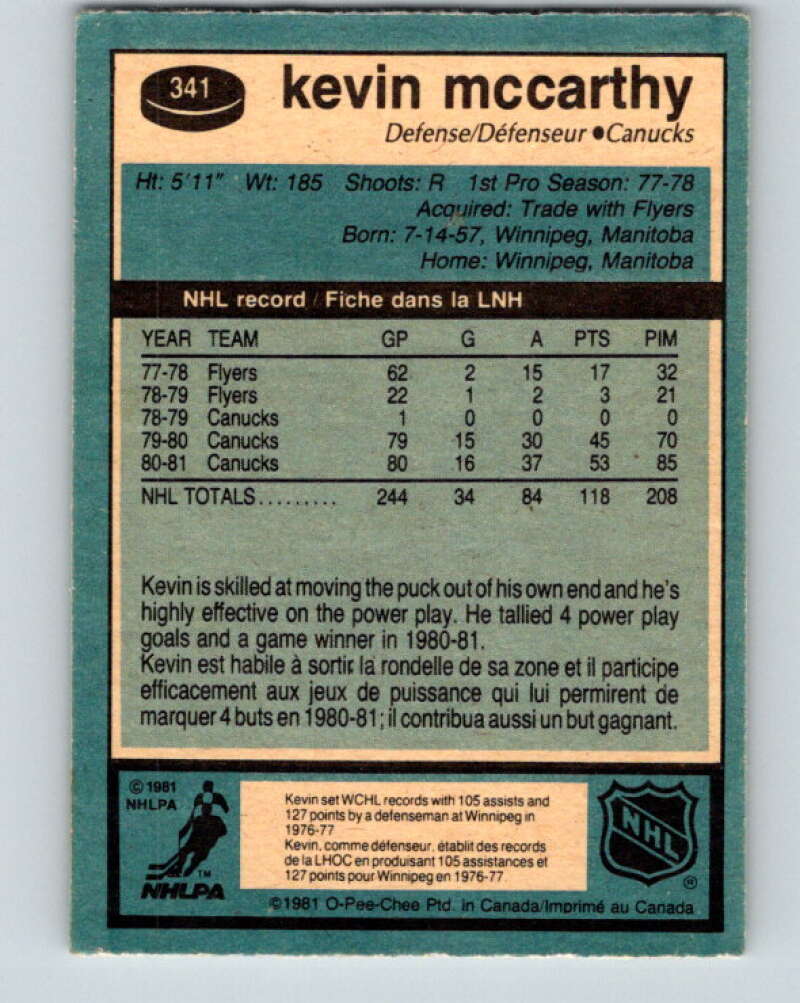 1981-82 O-Pee-Chee #341 Kevin McCarthy Vancouver Canucks V31908
