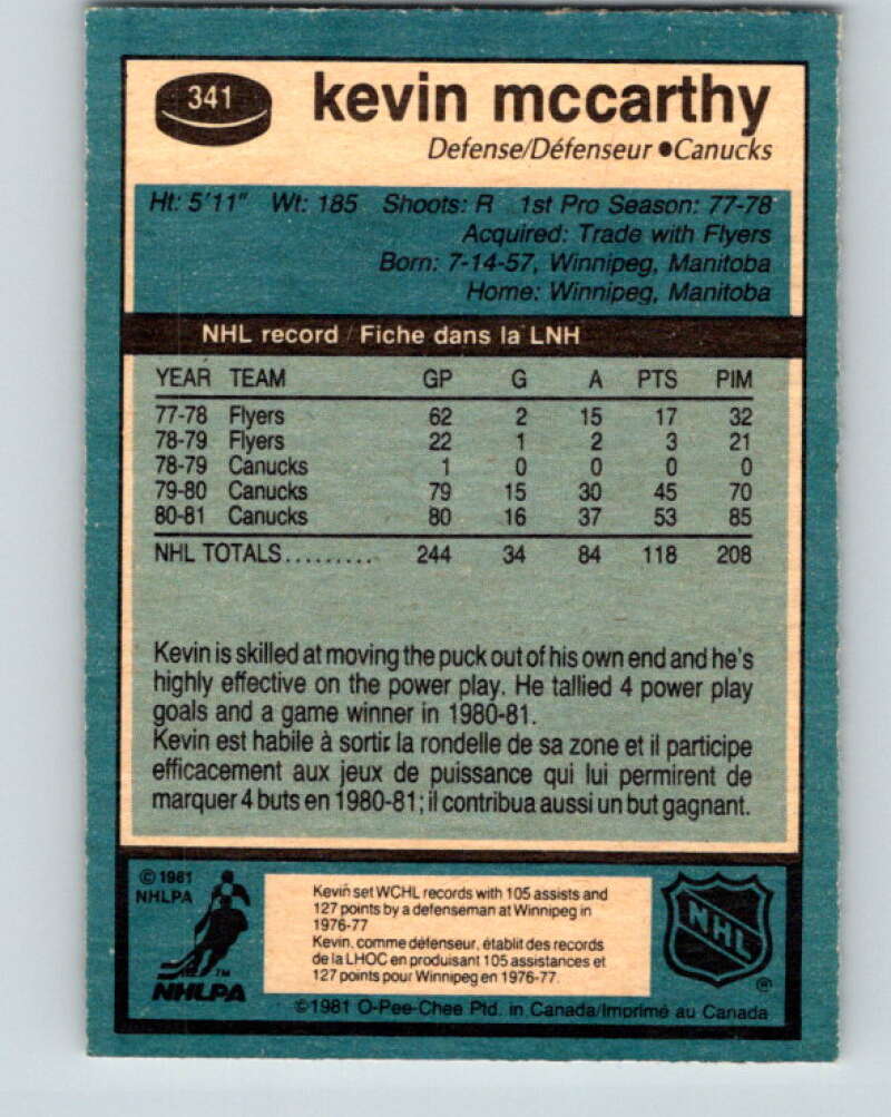 1981-82 O-Pee-Chee #341 Kevin McCarthy Vancouver Canucks V31909