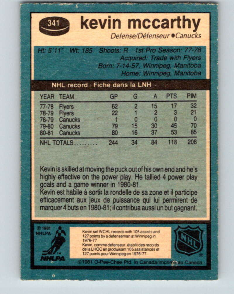 1981-82 O-Pee-Chee #341 Kevin McCarthy Vancouver Canucks V31910
