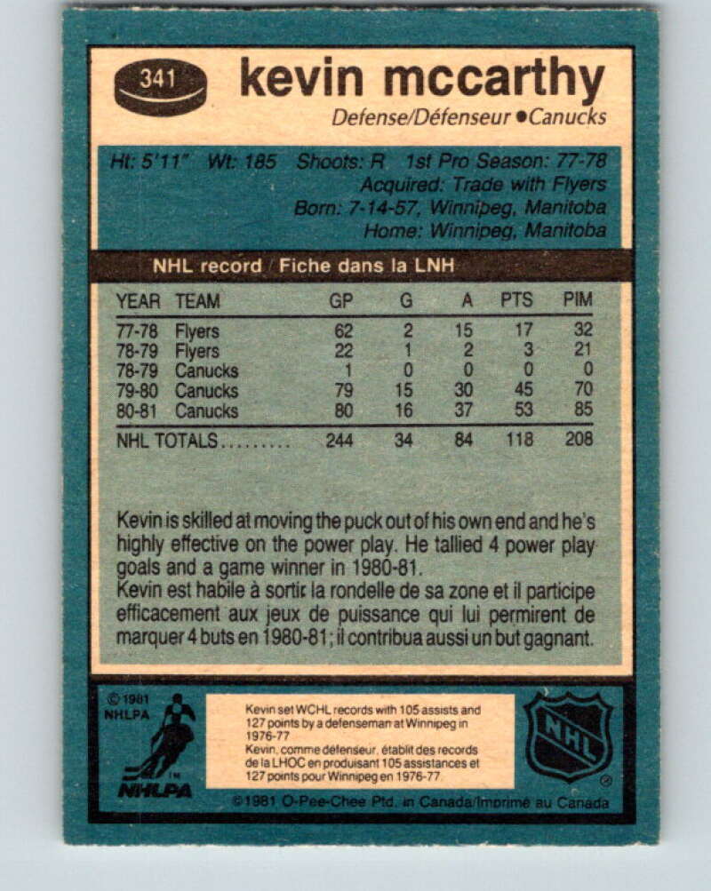 1981-82 O-Pee-Chee #341 Kevin McCarthy Vancouver Canucks V31911