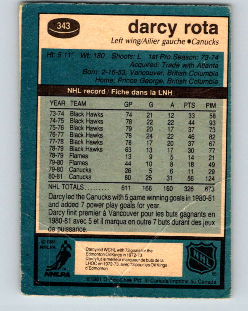 1981-82 O-Pee-Chee #343 Darcy Rota Vancouver Canucks V31924