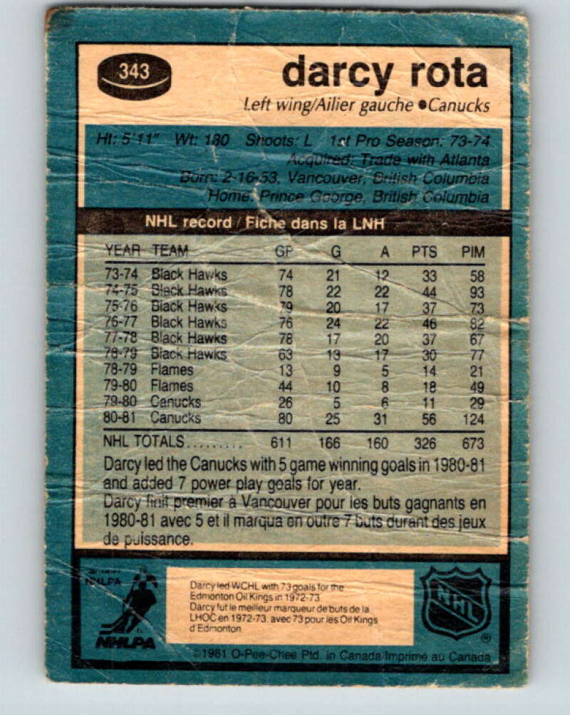 1981-82 O-Pee-Chee #343 Darcy Rota Vancouver Canucks V31925