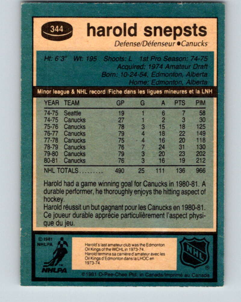 1981-82 O-Pee-Chee #344 Harold Snepsts Vancouver Canucks V31929