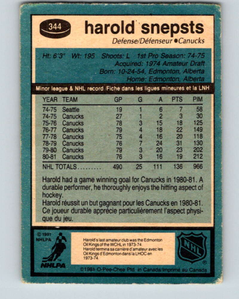 1981-82 O-Pee-Chee #344 Harold Snepsts Vancouver Canucks V31930