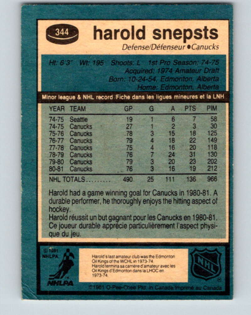 1981-82 O-Pee-Chee #344 Harold Snepsts Vancouver Canucks V31933