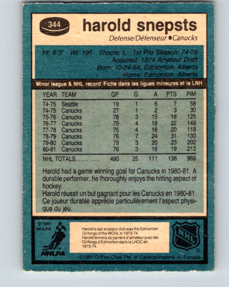 1981-82 O-Pee-Chee #344 Harold Snepsts Vancouver Canucks V31935