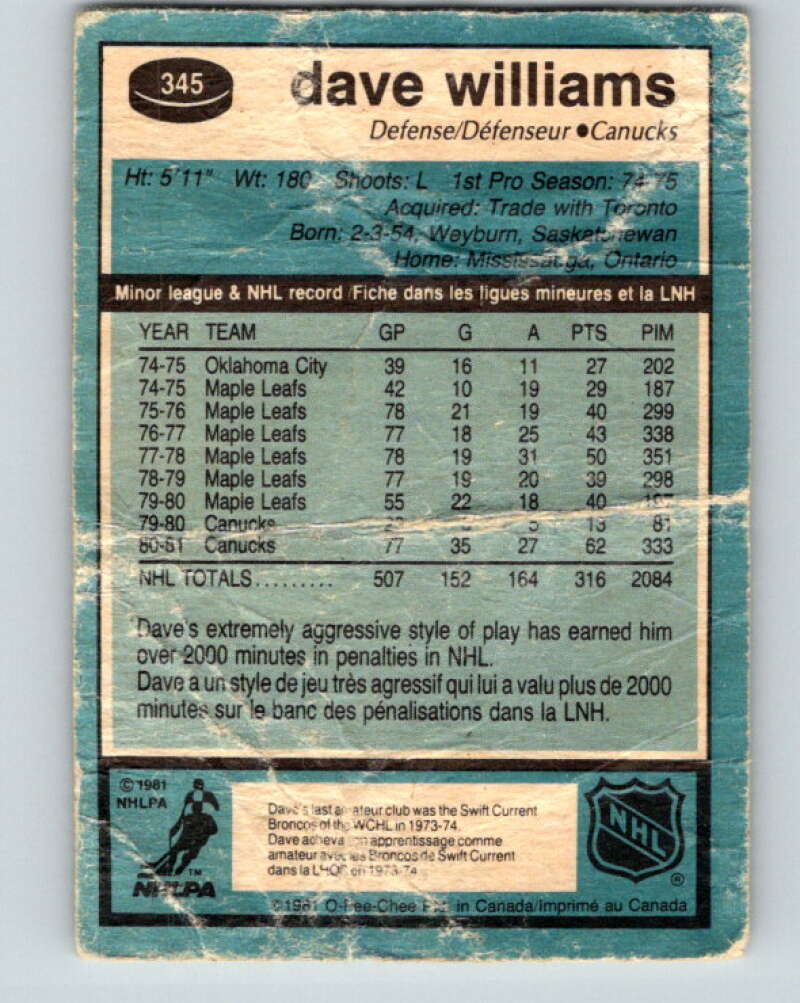 1981-82 O-Pee-Chee #345 Tiger Williams Vancouver Canucks V31940