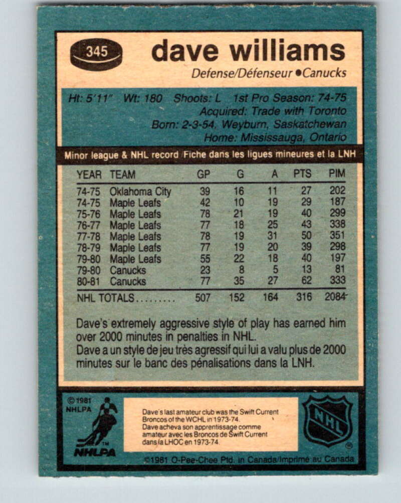 1981-82 O-Pee-Chee #345 Tiger Williams Vancouver Canucks V31941