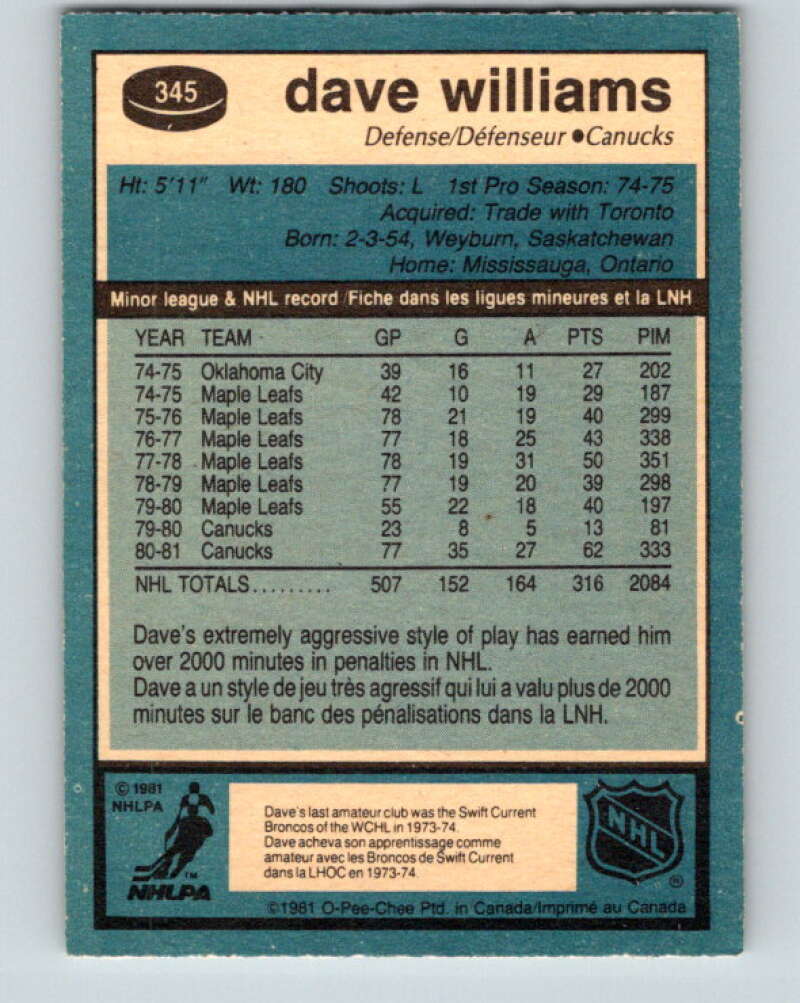 1981-82 O-Pee-Chee #345 Tiger Williams Vancouver Canucks V31942