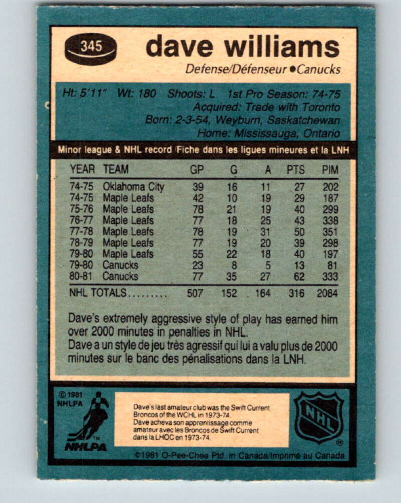 1981-82 O-Pee-Chee #345 Tiger Williams Vancouver Canucks V31943