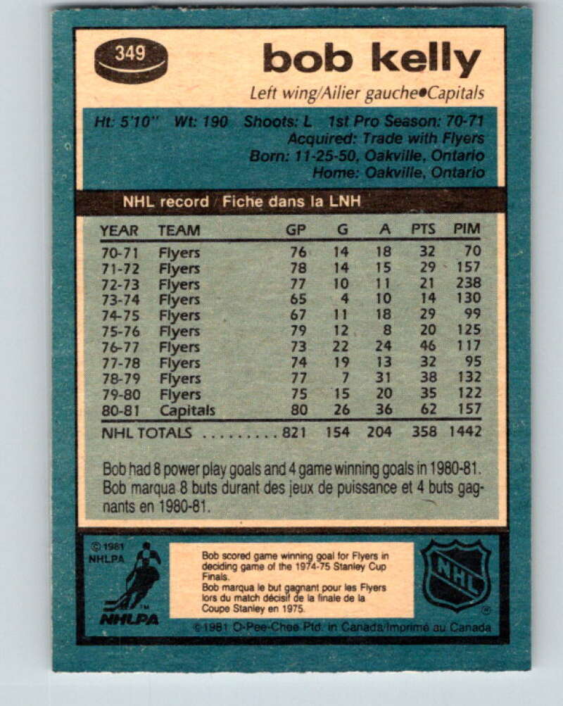 1981-82 O-Pee-Chee #349 Bob Kelly Washington Capitals V31960