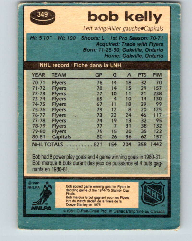 1981-82 O-Pee-Chee #349 Bob Kelly Washington Capitals V31961