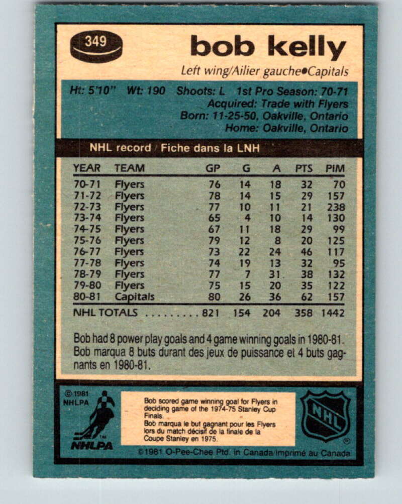1981-82 O-Pee-Chee #349 Bob Kelly Washington Capitals V31963