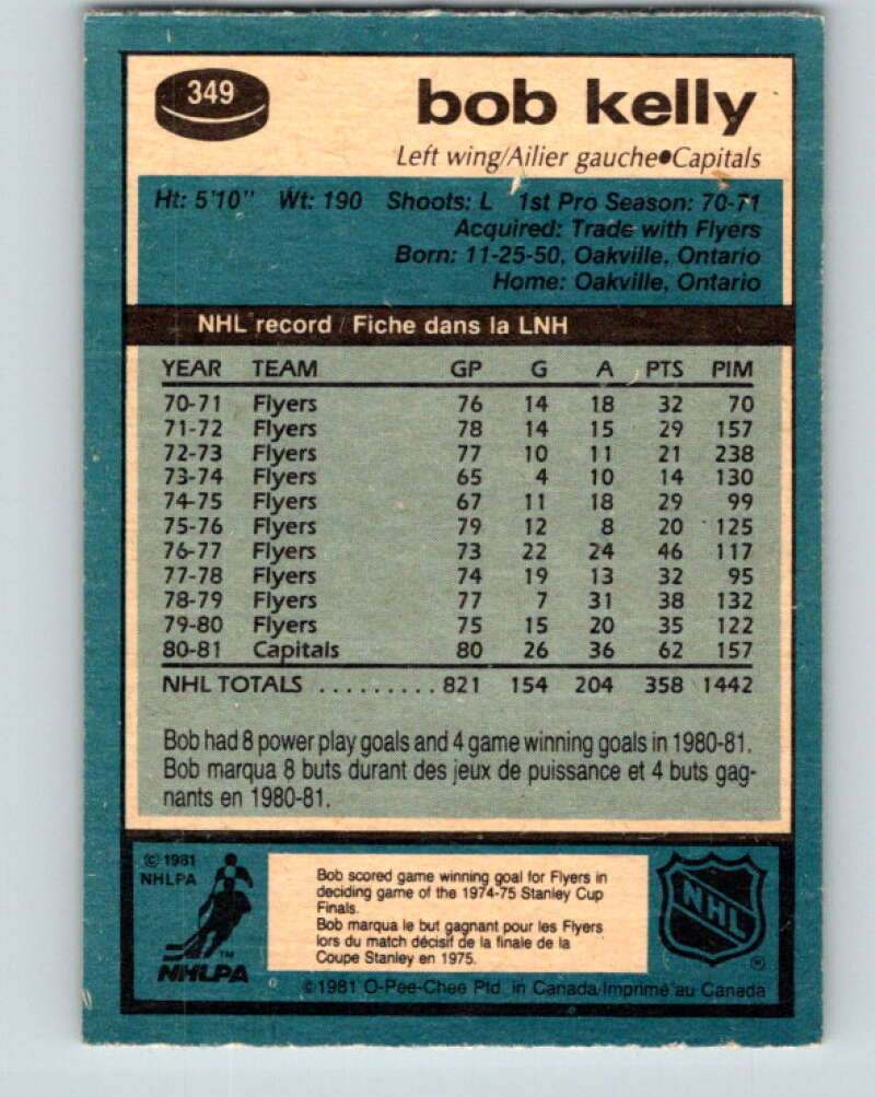 1981-82 O-Pee-Chee #349 Bob Kelly Washington Capitals V31964