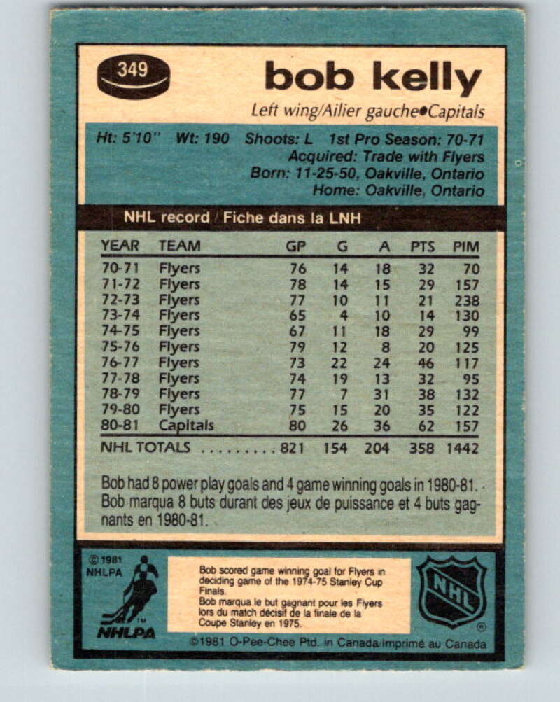 1981-82 O-Pee-Chee #349 Bob Kelly Washington Capitals V31966