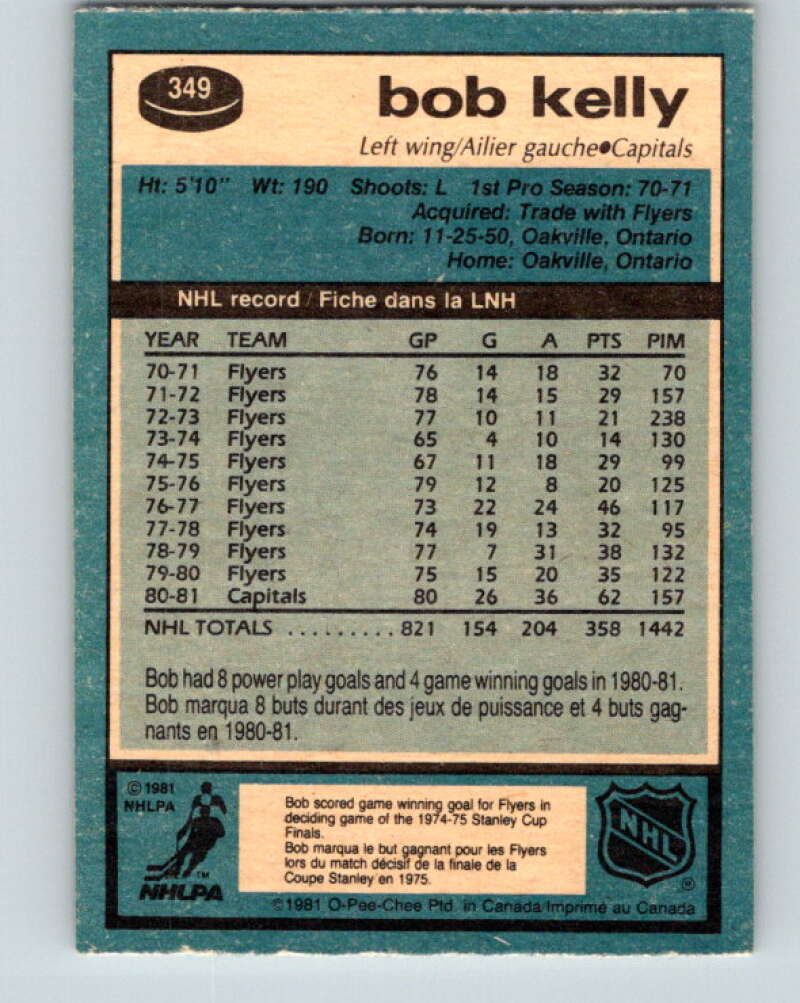 1981-82 O-Pee-Chee #349 Bob Kelly Washington Capitals V31967