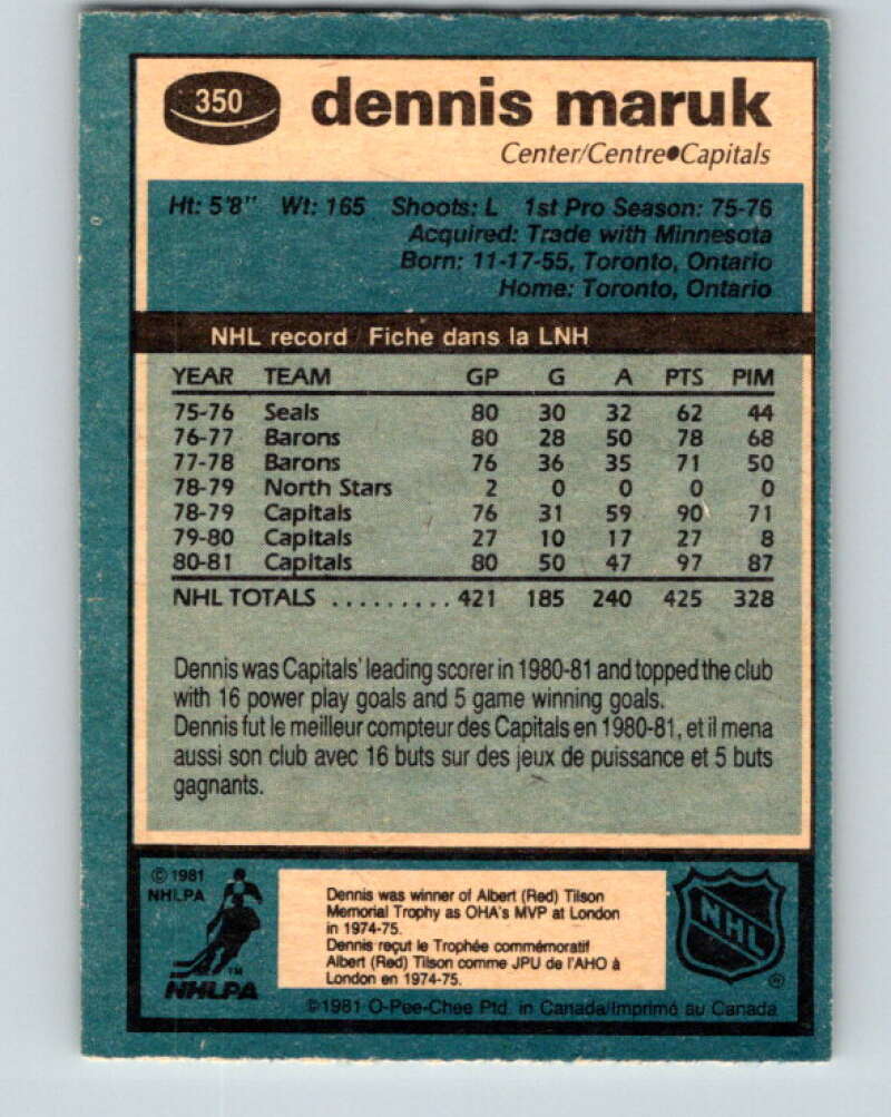 1981-82 O-Pee-Chee #350 Dennis Maruk Washington Capitals V31969