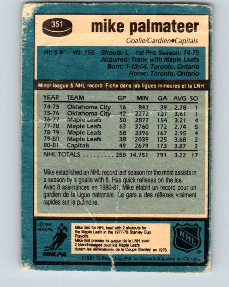 1981-82 O-Pee-Chee #351 Mike Palmateer Washington Capitals V31973