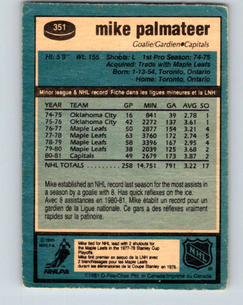 1981-82 O-Pee-Chee #351 Mike Palmateer Washington Capitals V31975