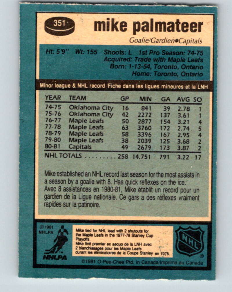1981-82 O-Pee-Chee #351 Mike Palmateer Washington Capitals V31976