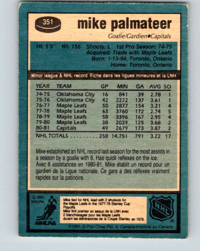 1981-82 O-Pee-Chee #351 Mike Palmateer Washington Capitals V31977