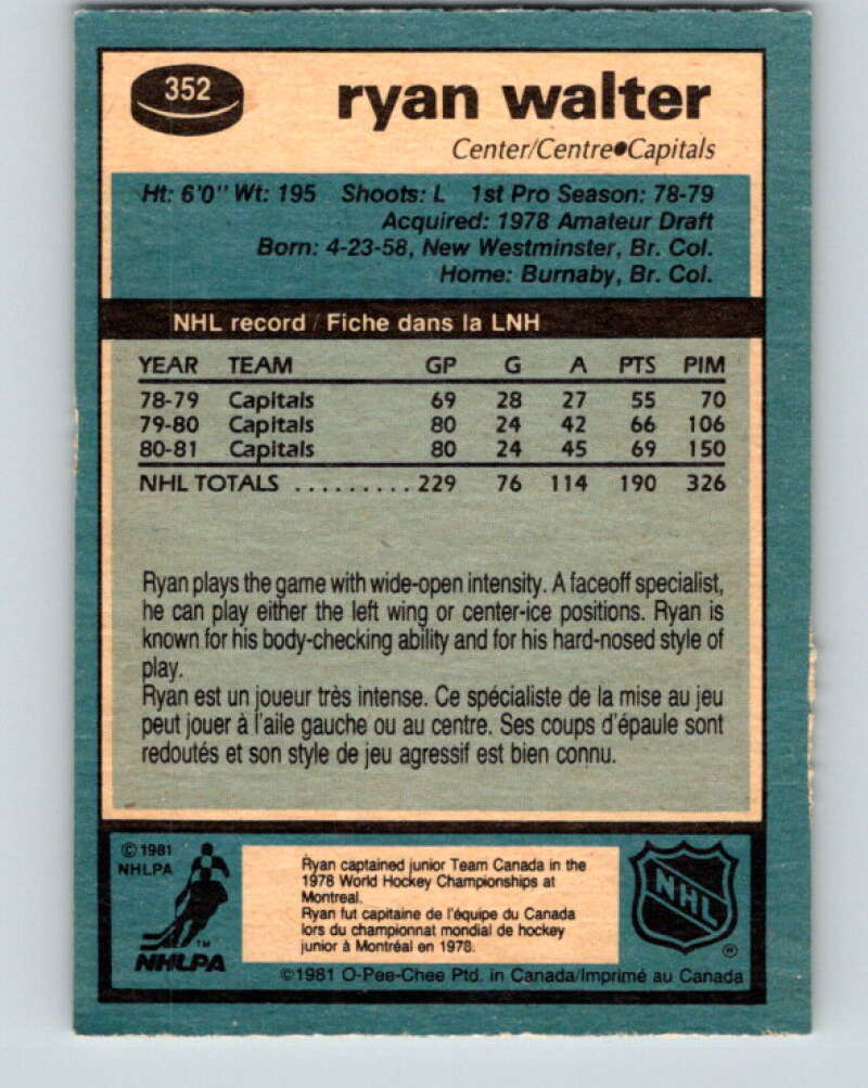 1981-82 O-Pee-Chee #352 Ryan Walter Washington Capitals V31979
