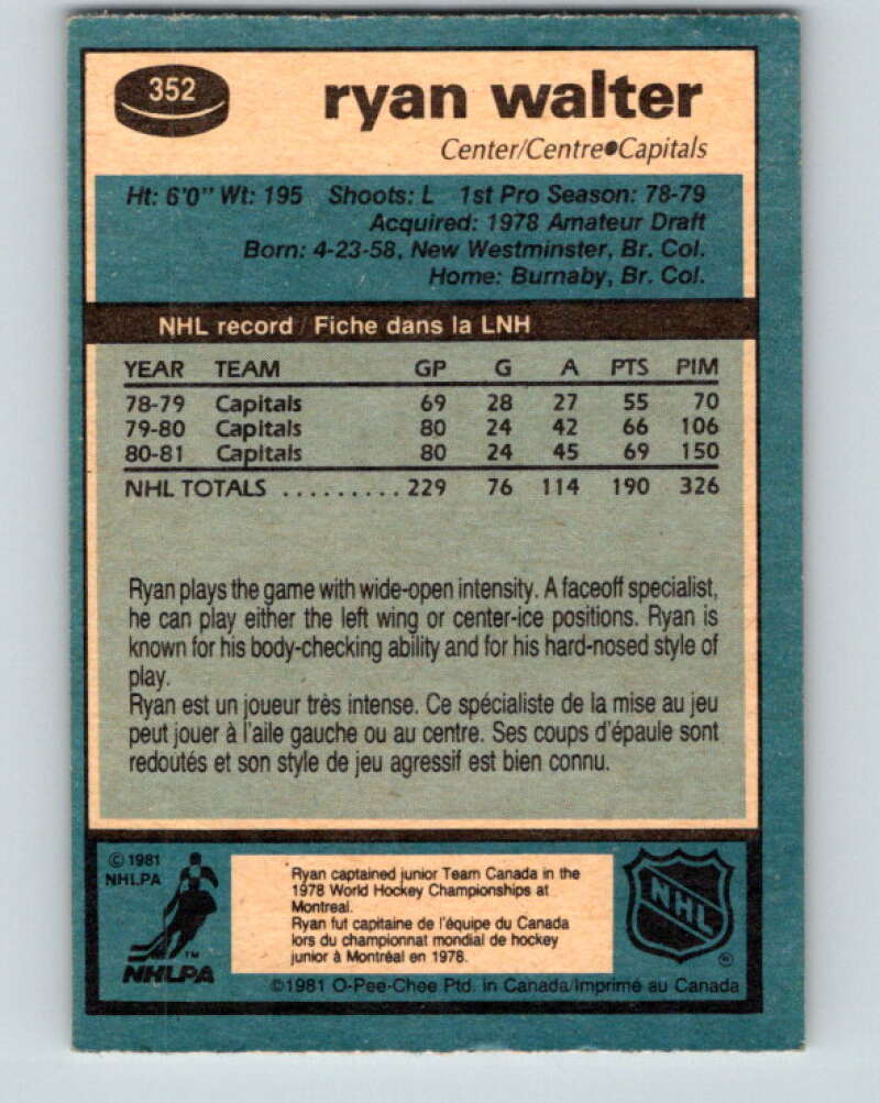 1981-82 O-Pee-Chee #352 Ryan Walter Washington Capitals V31982