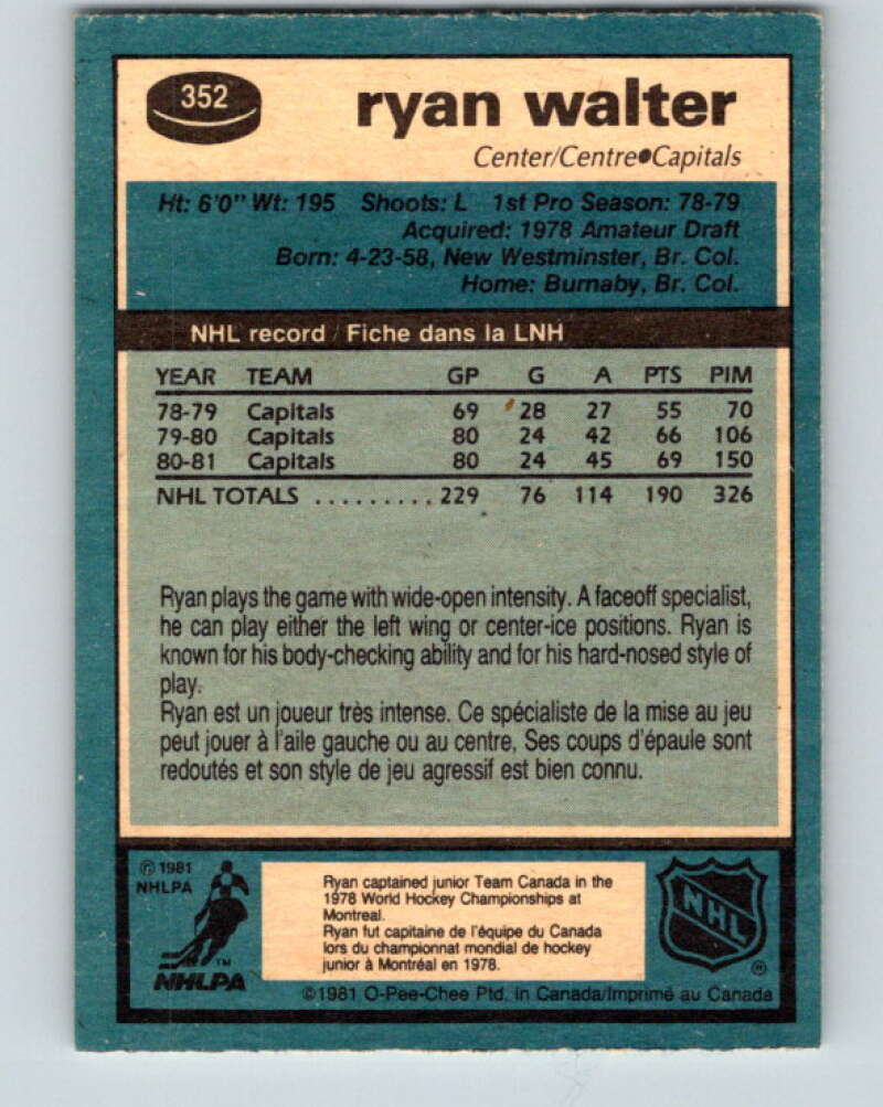 1981-82 O-Pee-Chee #352 Ryan Walter Washington Capitals V31984