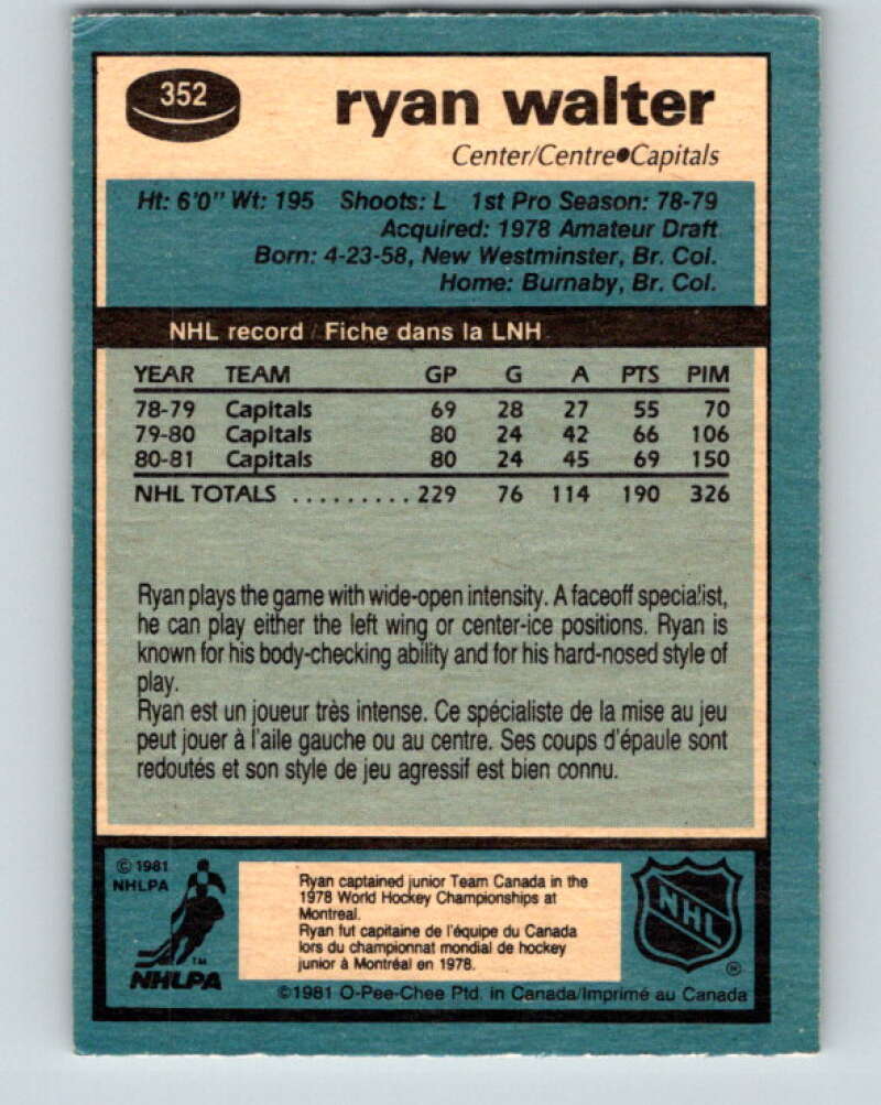 1981-82 O-Pee-Chee #352 Ryan Walter Washington Capitals V31985