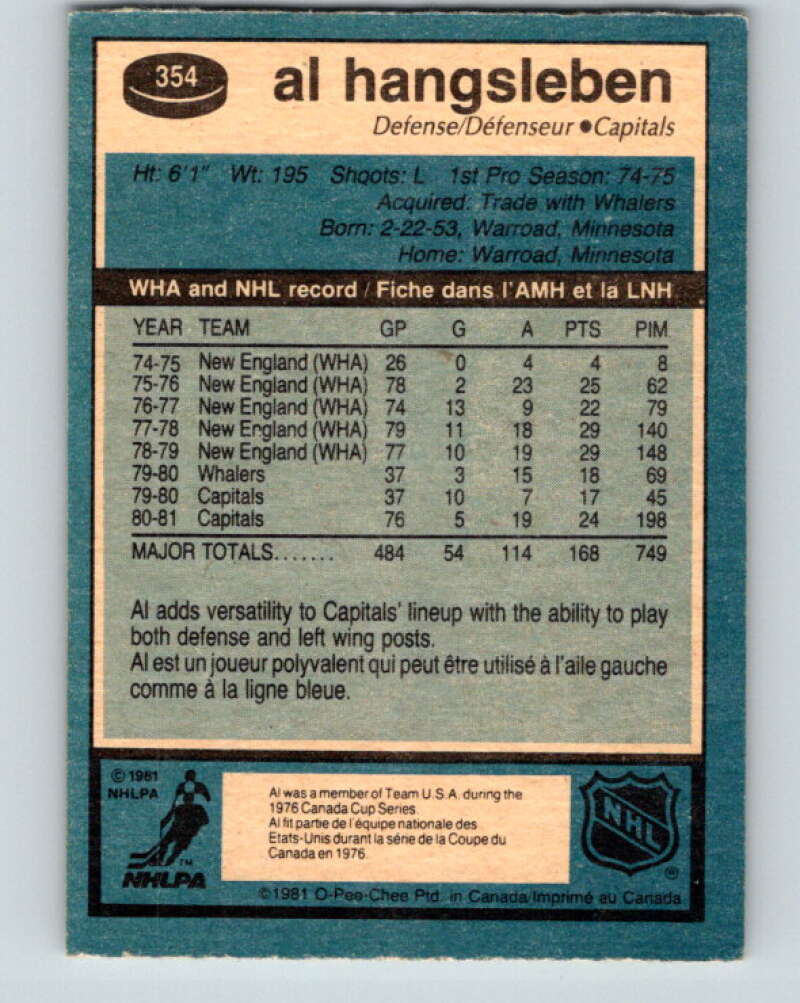 1981-82 O-Pee-Chee #354 Alan Hangsleben Washington Capitals V31997