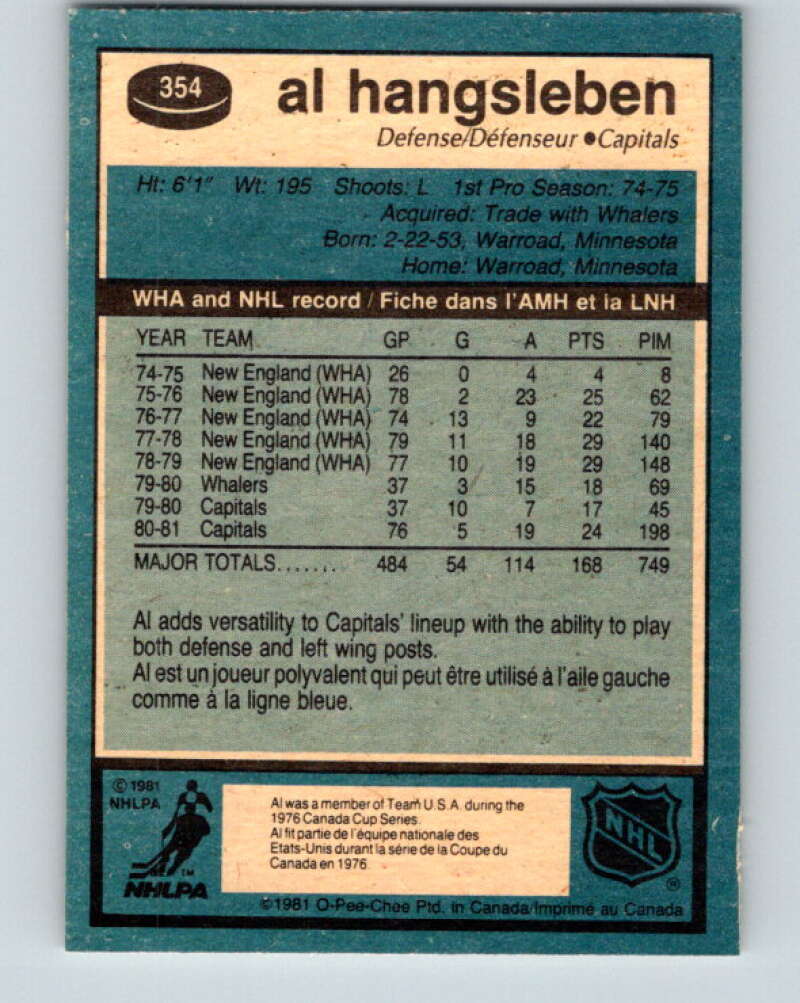 1981-82 O-Pee-Chee #354 Alan Hangsleben Washington Capitals V31999