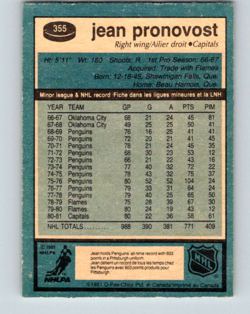 1981-82 O-Pee-Chee #355 Jean Pronovost Washington Capitals V32003