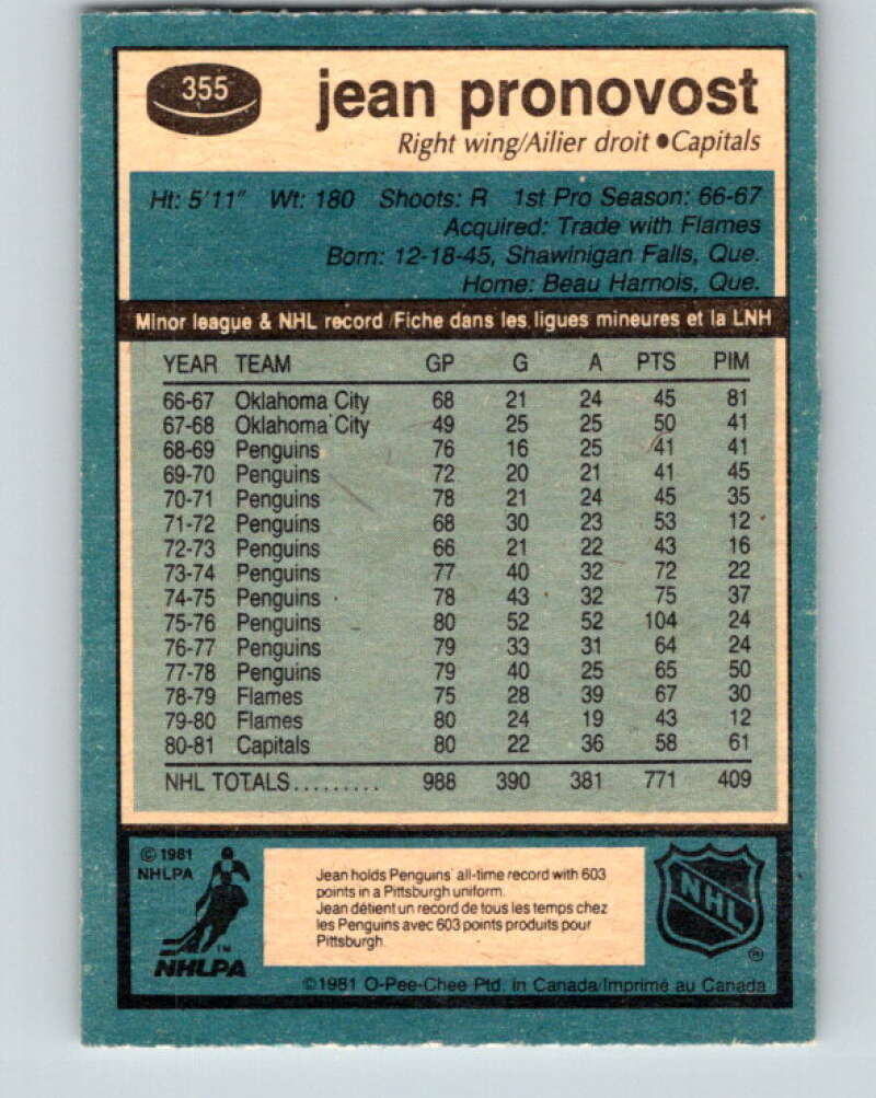 1981-82 O-Pee-Chee #355 Jean Pronovost Washington Capitals V32004