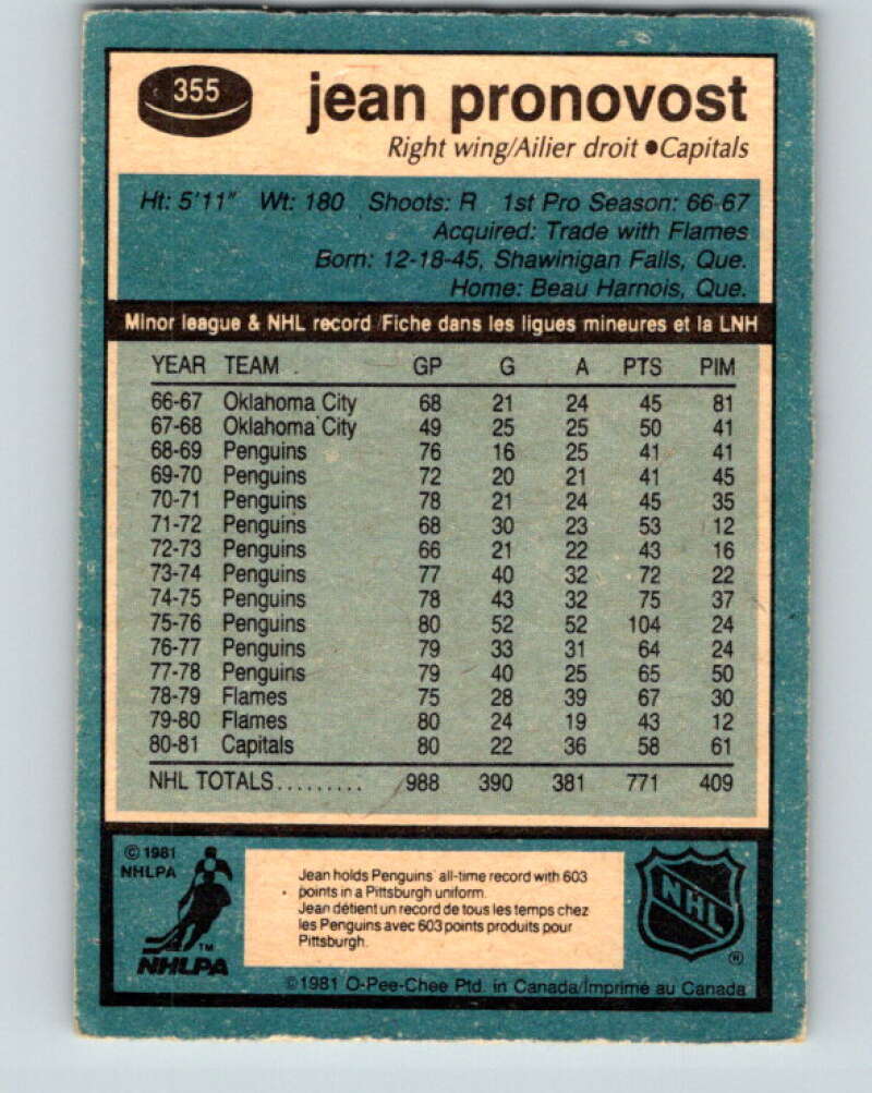 1981-82 O-Pee-Chee #355 Jean Pronovost Washington Capitals V32006