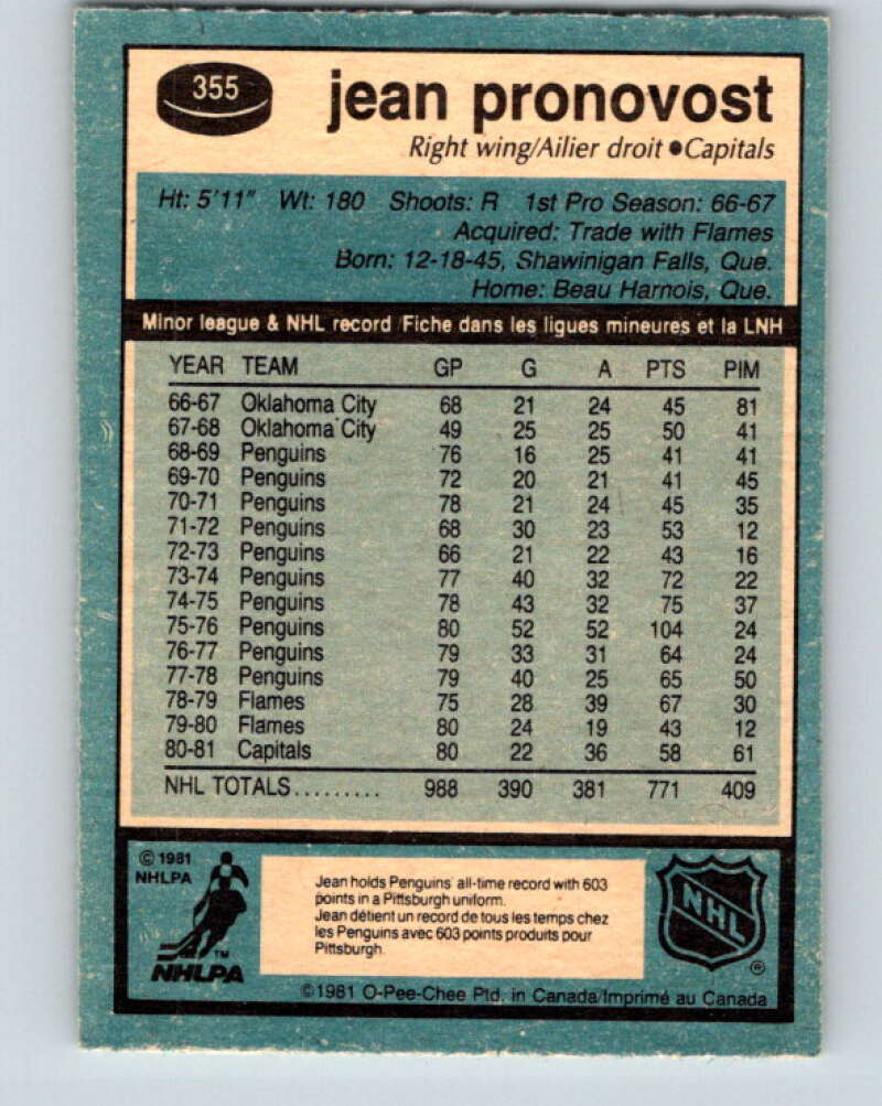 1981-82 O-Pee-Chee #355 Jean Pronovost Washington Capitals V32008