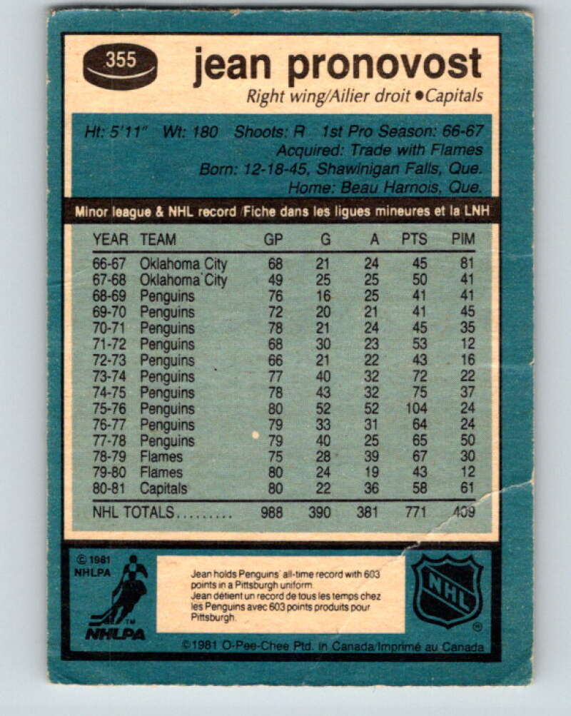 1981-82 O-Pee-Chee #355 Jean Pronovost Washington Capitals V32009