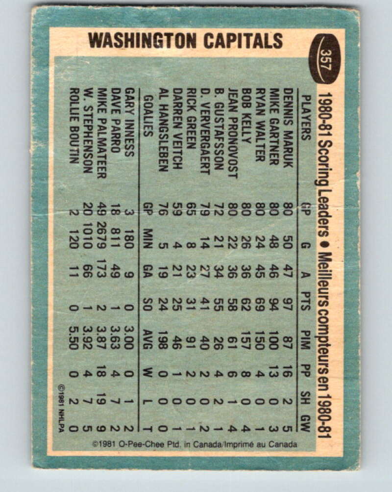 1981-82 O-Pee-Chee #357 Dennis Maruk TL Washington Capitals V32020