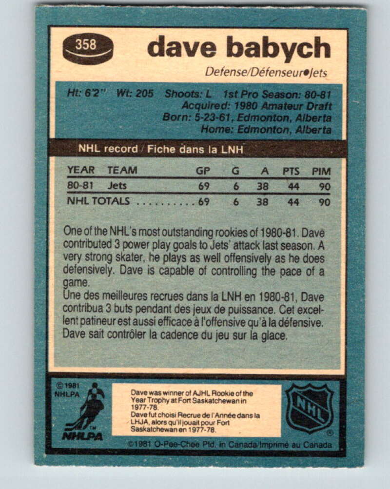 1981-82 O-Pee-Chee #358 Dave Babych RC Rookie Winnipeg Jets V32028