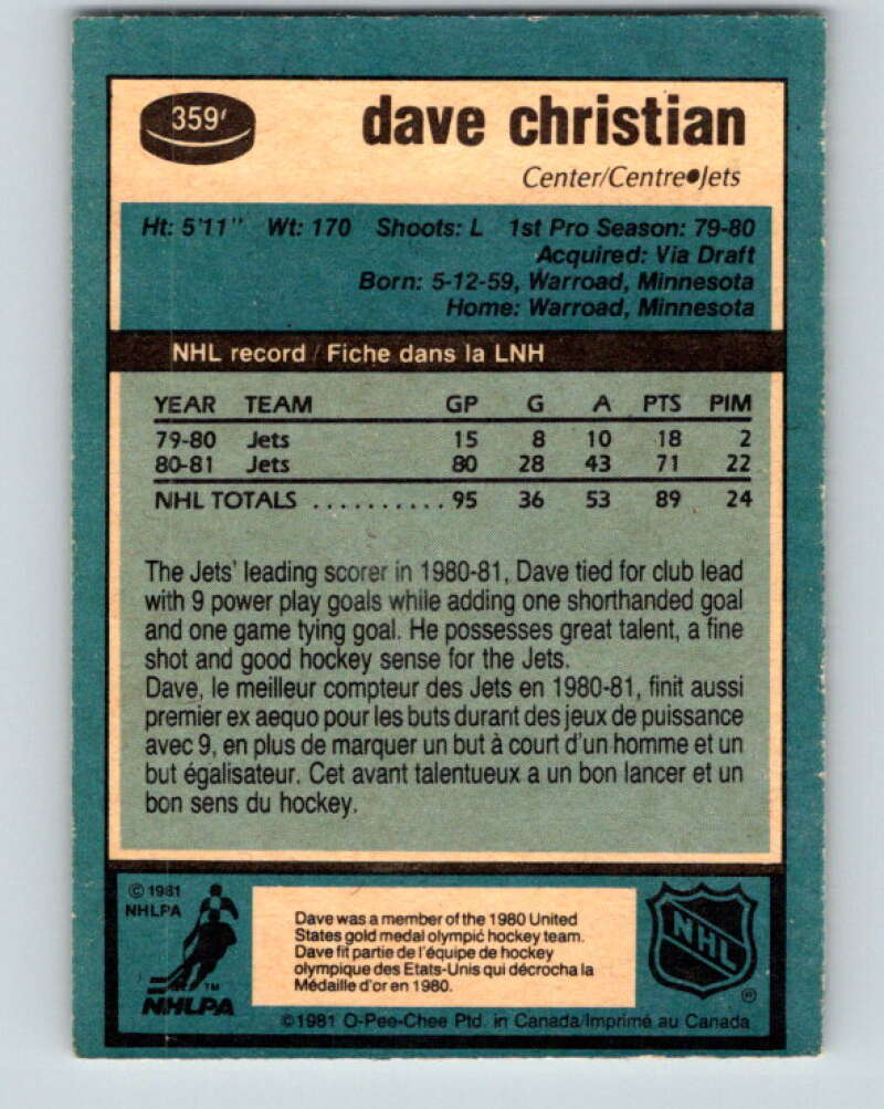 1981-82 O-Pee-Chee #359 Dave Christian Winnipeg Jets V32031