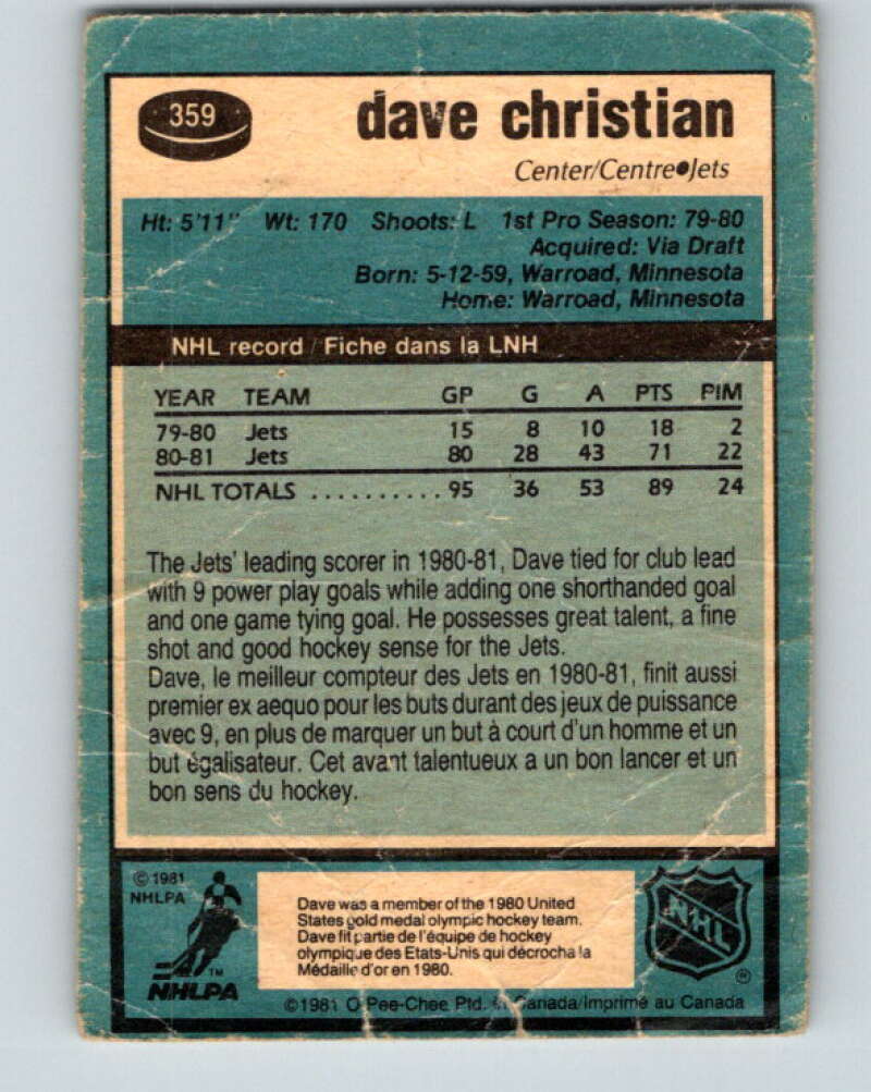 1981-82 O-Pee-Chee #359 Dave Christian Winnipeg Jets V32032