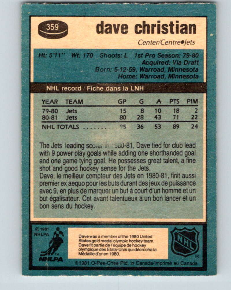 1981-82 O-Pee-Chee #359 Dave Christian Winnipeg Jets V32035