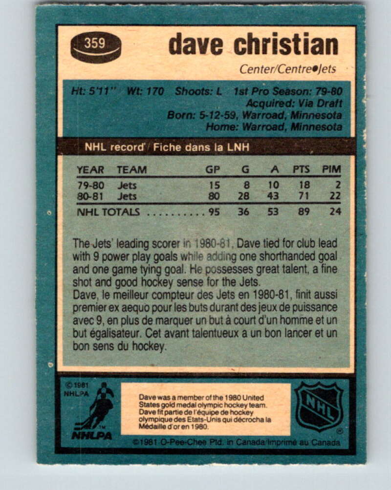 1981-82 O-Pee-Chee #359 Dave Christian Winnipeg Jets V32037